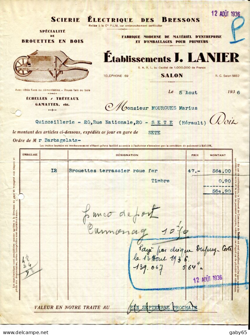 FACTURE.13.SALON DE PROVENCE.BROUETTES EN BOIS.FABRIQUE D'EMBALLAGES POUR PRIMEURS.Ets.J.LANIER SCIERIE DES BRESSONS. - Straßenhandel Und Kleingewerbe