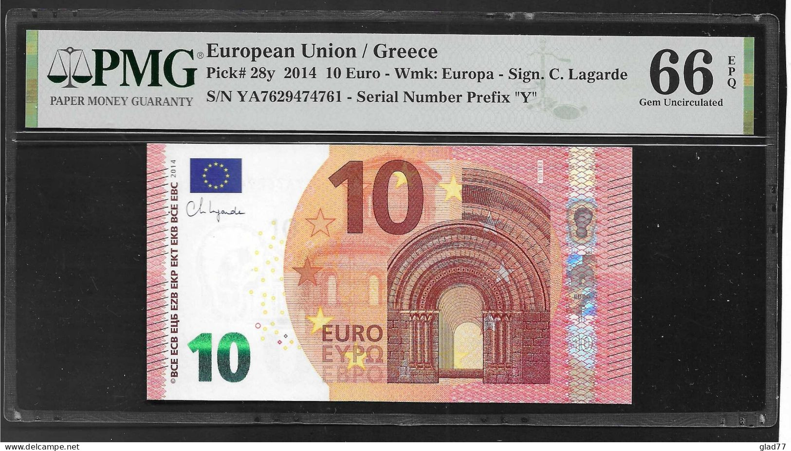 New Issue 2023!! 10 EURO Greece  LAGARDE Signature!!  "Y"   Printer Y011B3 PMG 66EPQ GEM UNC! !! - 10 Euro