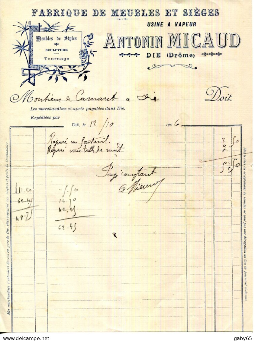FACTURE.26.DROME.DIE.FABRIQUE DE MEUBLES & SIEGES.MEUBLES DE STYLES.SCULPTURES.ANTONIN MICAUD USINE A VAPEUR. - Straßenhandel Und Kleingewerbe