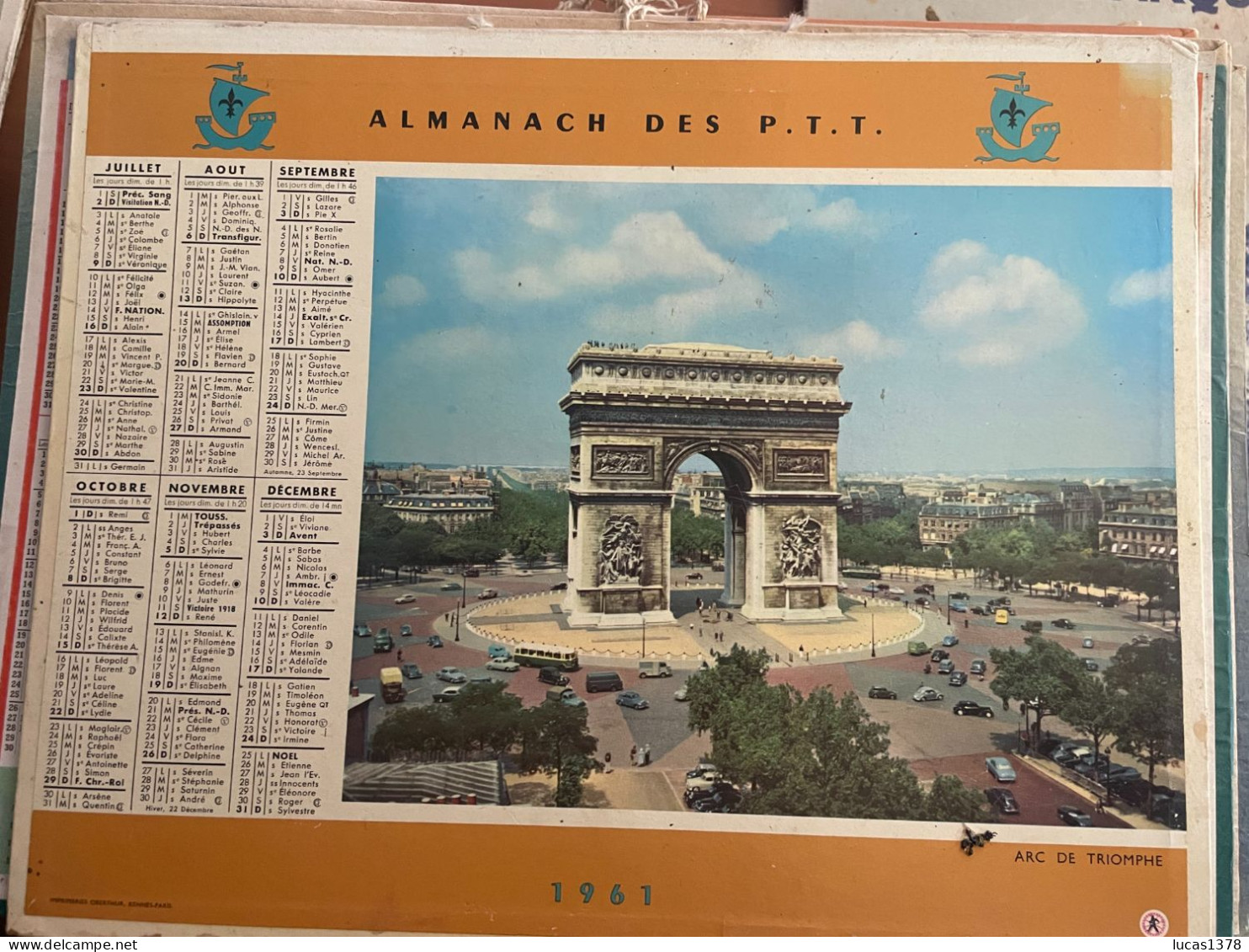 CALENDRIER ALMANACH DES POSTES  1961 / ARC DE TRIOMPHE / TOUR EIFFEL - Tamaño Grande : 1961-70