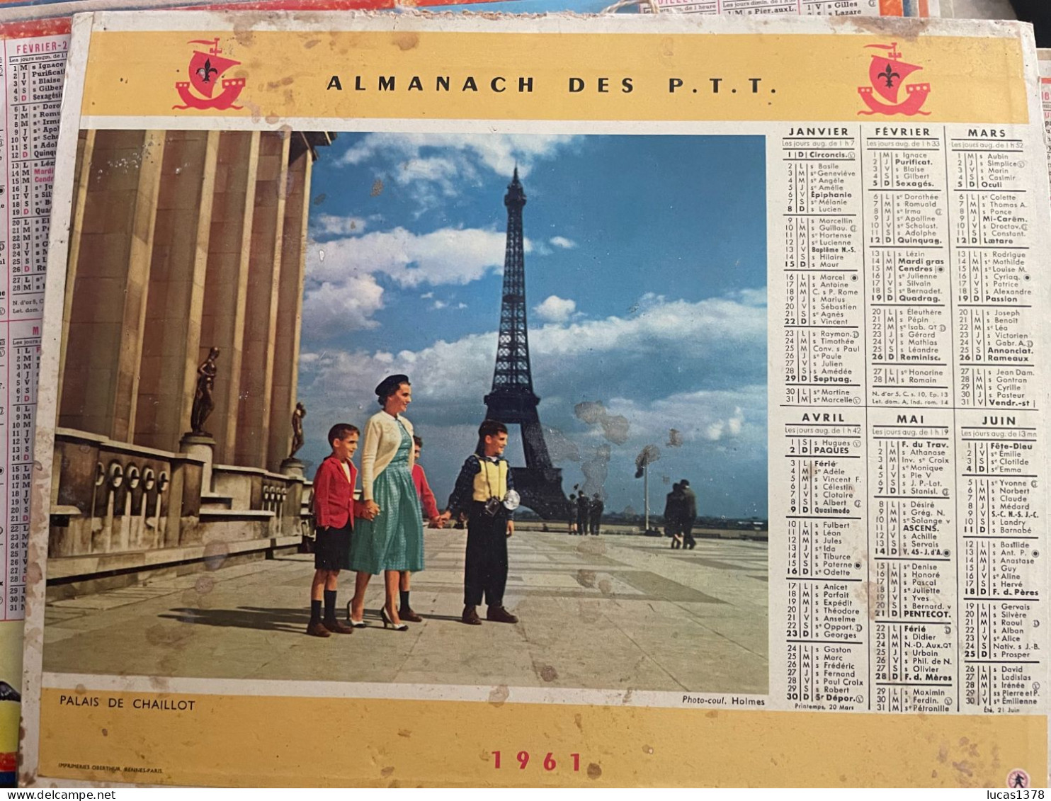 CALENDRIER ALMANACH DES POSTES  1961 / ARC DE TRIOMPHE / TOUR EIFFEL - Tamaño Grande : 1961-70