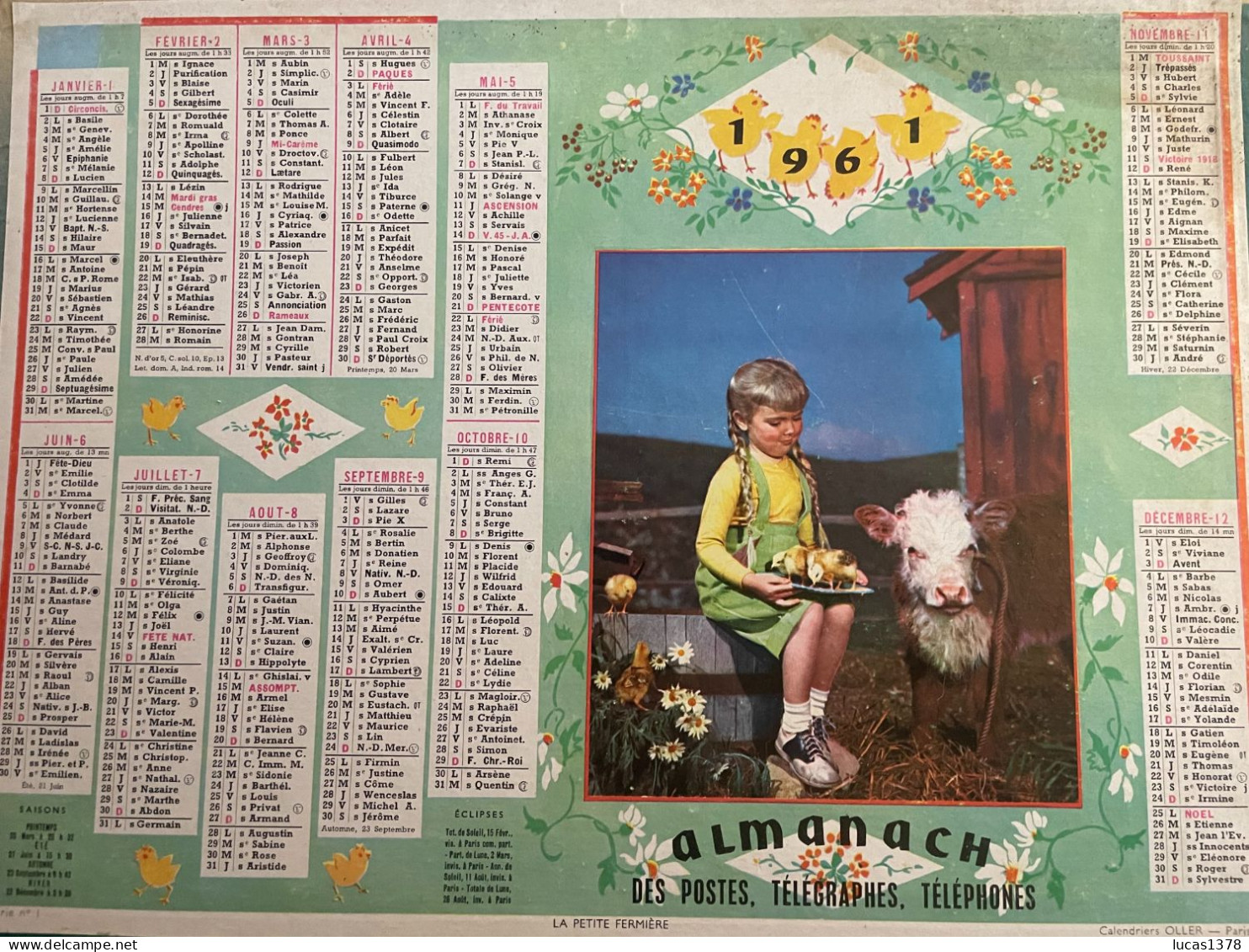 CALENDRIER ALMANACH DES POSTES  1961 / PETITE FERMIERE - Grand Format : 1961-70