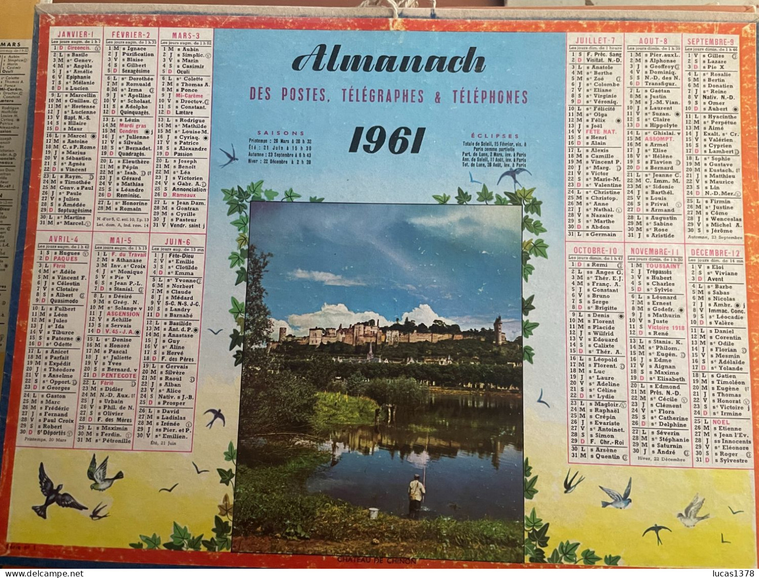 CALENDRIER ALMANACH DES POSTES  1961 / PECHE A CHINON - Tamaño Grande : 1961-70