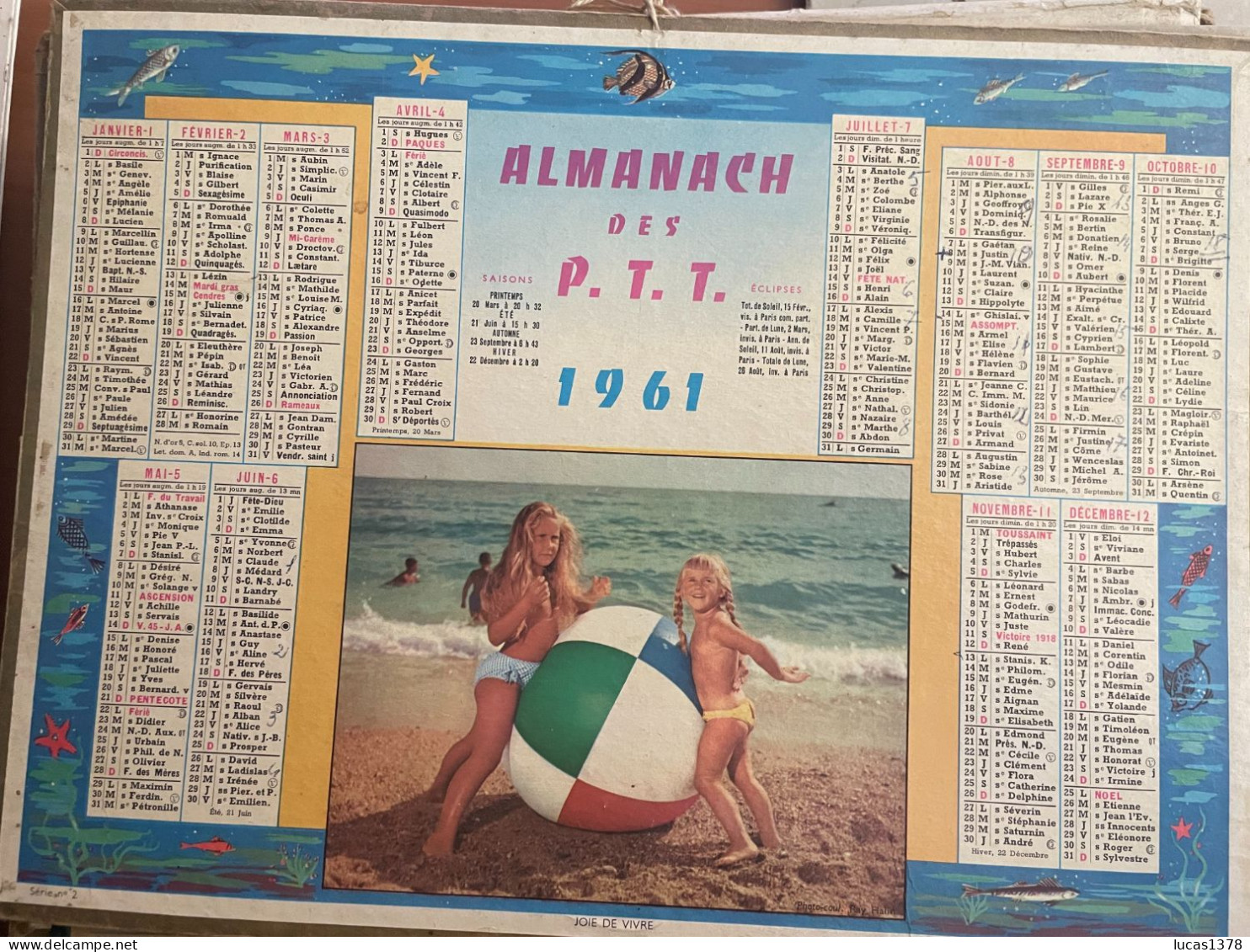 CALENDRIER ALMANACH DES POSTES  1961 / JOIE DE VIVRE - Big : 1961-70