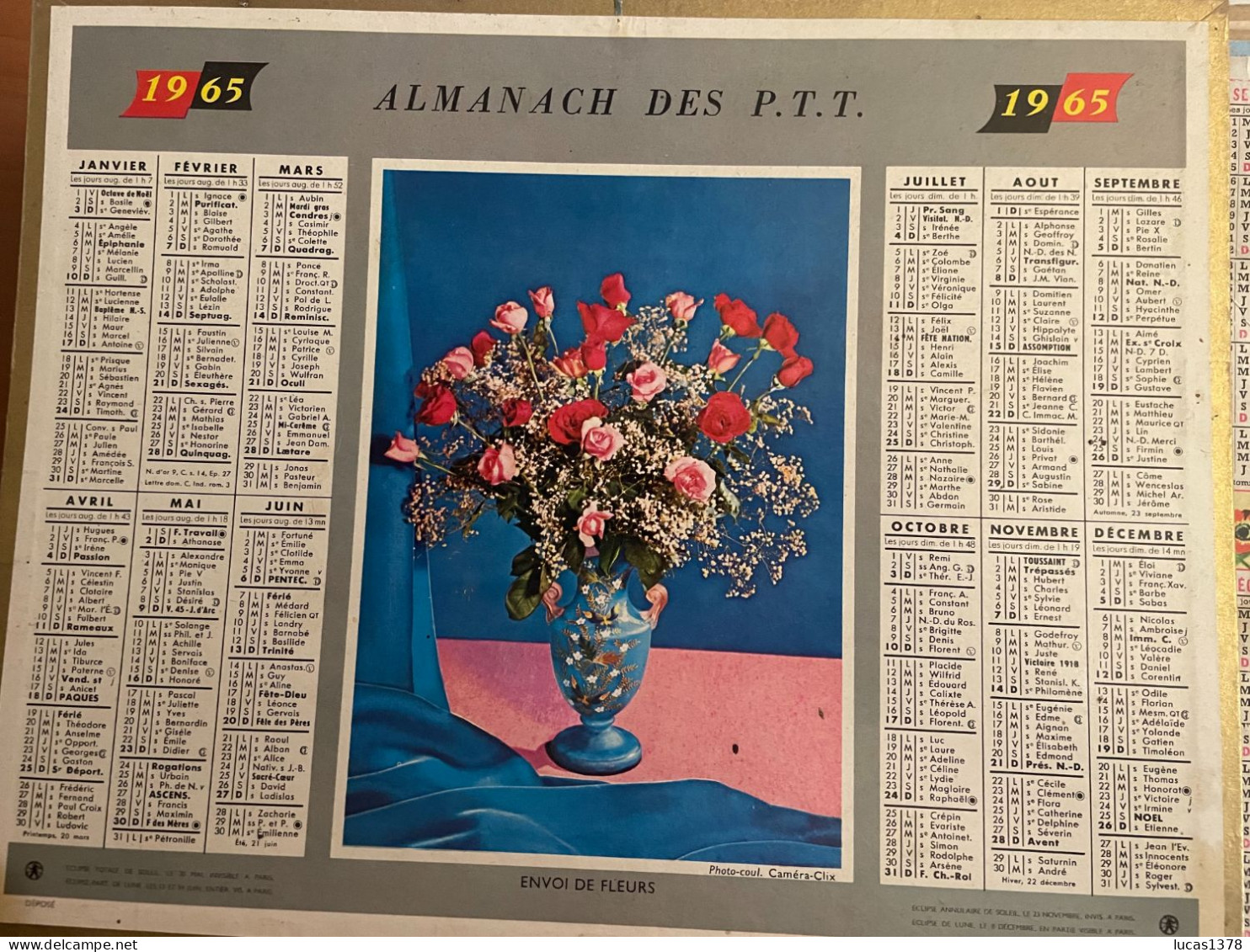 CALENDRIER ALMANACH DES POSTES  1965 / FLEURS - Formato Grande : 1961-70