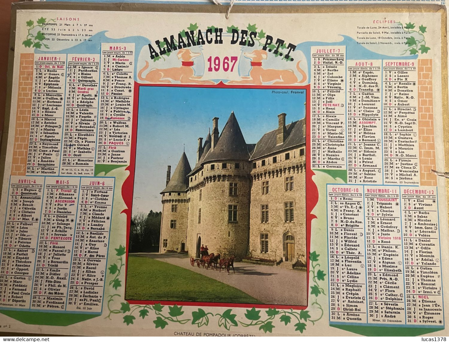 CALENDRIER ALMANACH DES POSTES  1967 / POMPADOUR - Formato Grande : 1961-70