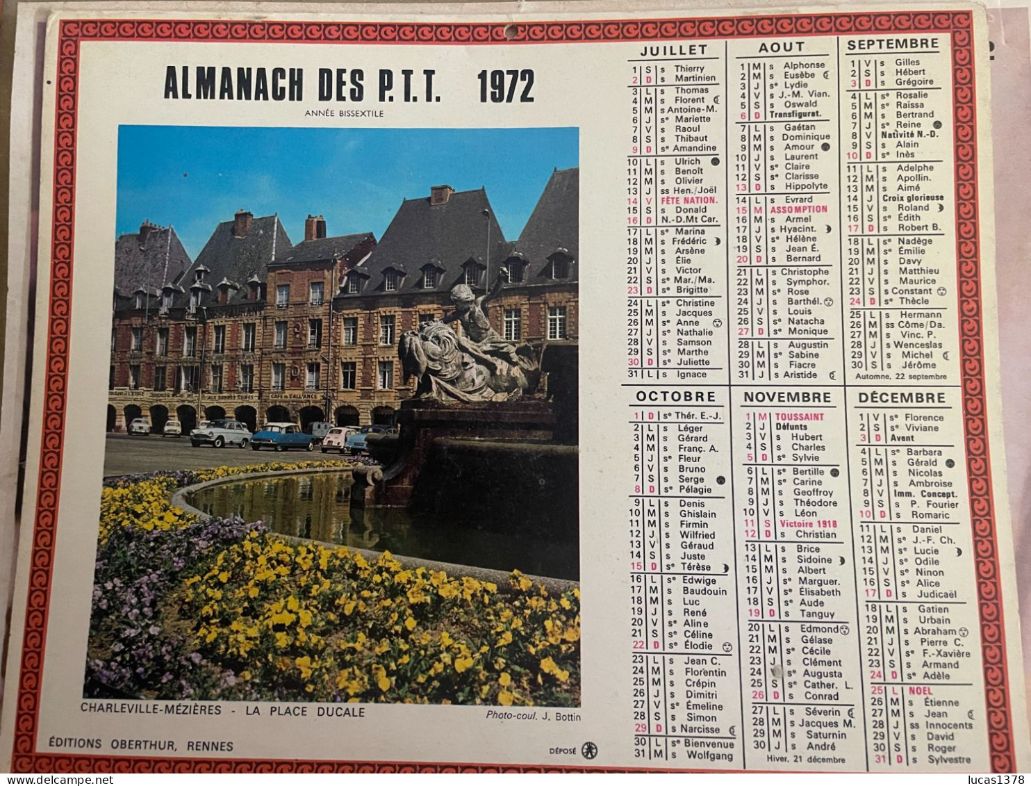 CALENDRIER ALMANACH DES POSTES  1972 / LYON / CHARLEVILLE - Big : 1961-70