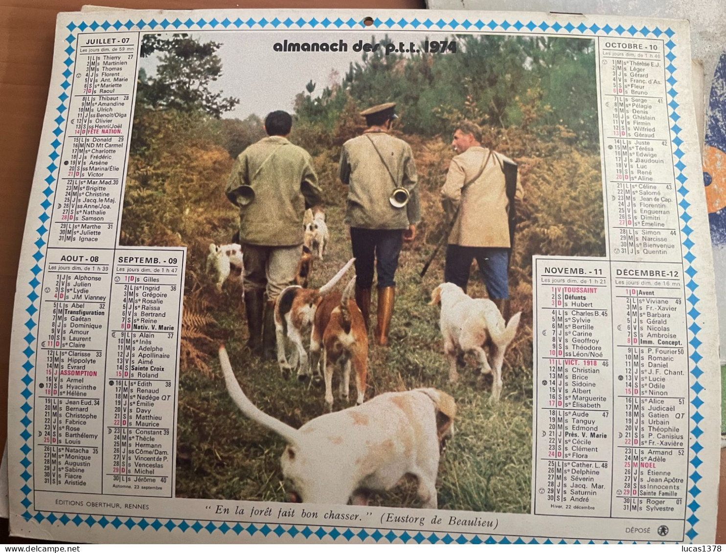 CALENDRIER ALMANACH DES POSTES  1974 / CHASSE - Formato Grande : 1971-80