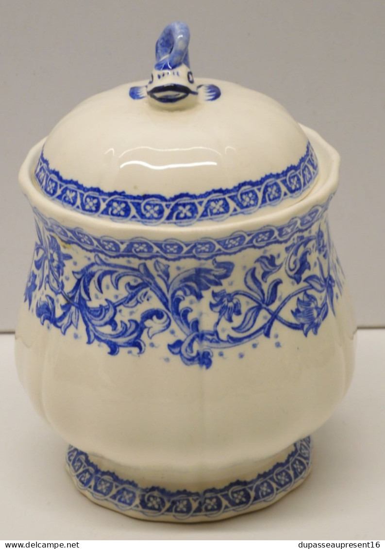 -POT COUVERT SUCRIER CERAMIQUE GIEN Modèle ROUEN ou DELFT BLEU BOUTON DAUPHIN     E