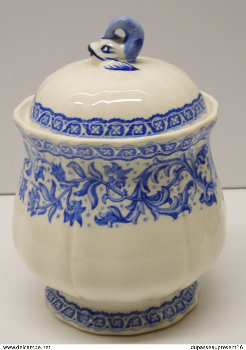 -POT COUVERT SUCRIER CERAMIQUE GIEN Modèle ROUEN ou DELFT BLEU BOUTON DAUPHIN     E