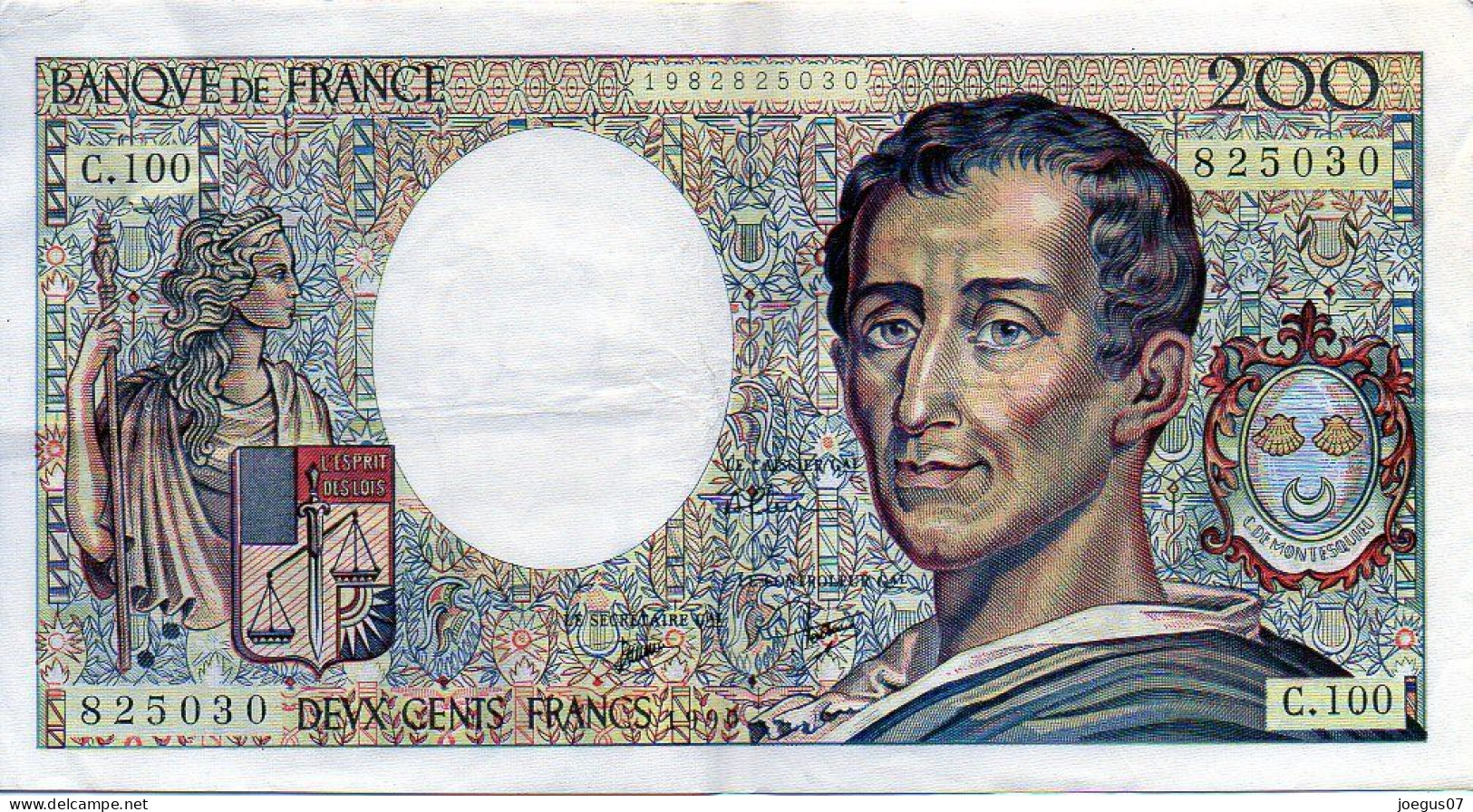Billet 200 F Deux Cents Francs Montesquieu, Circulé. Banque De France, Année 1990 - C. 100 - 825030 - 1982825030 - 200 F 1981-1994 ''Montesquieu''