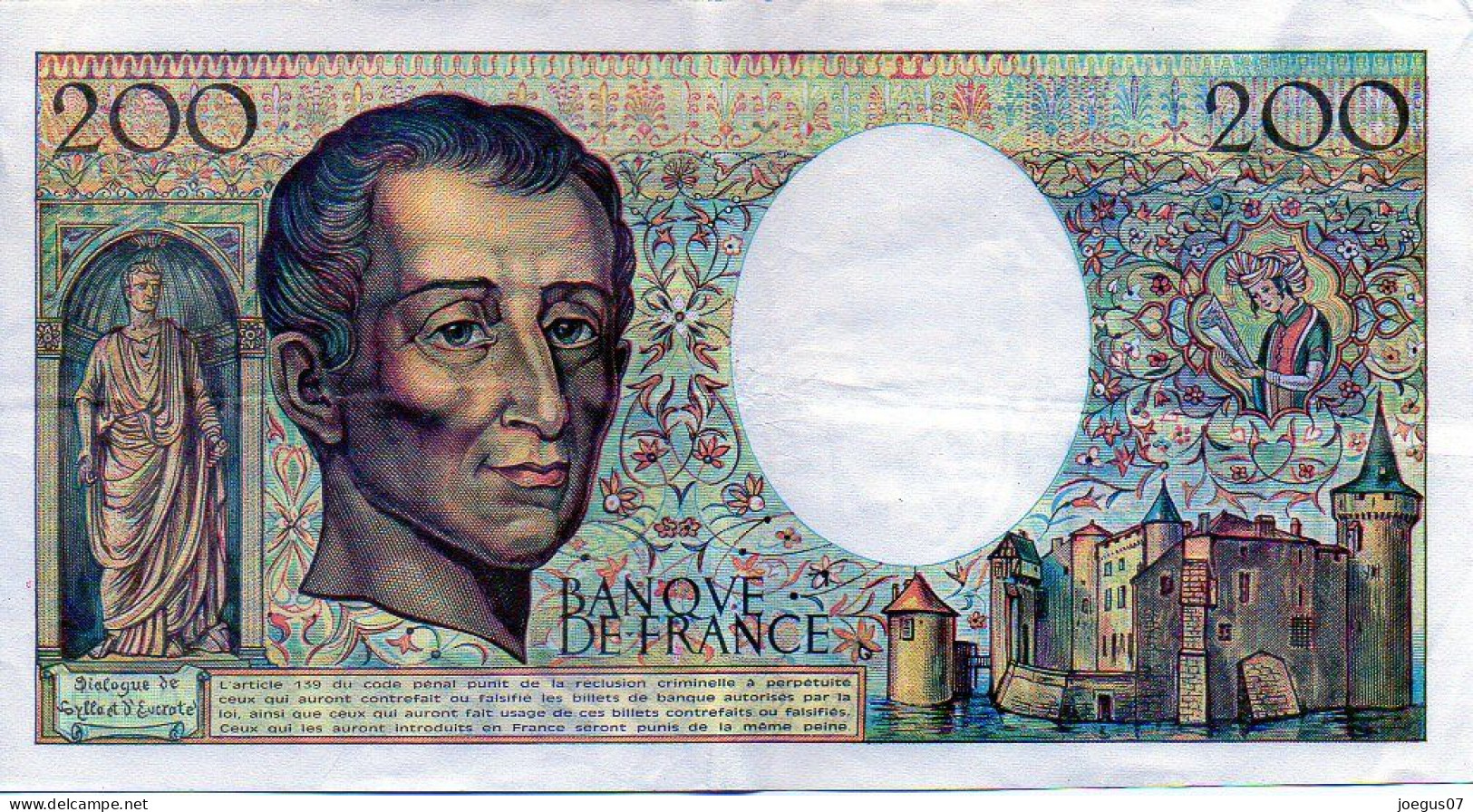 Billet 200 F Deux Cents Francs Montesquieu, Circulé. Banque De France, Année 1990 - C. 100 - 825030 - 1982825030 - 200 F 1981-1994 ''Montesquieu''