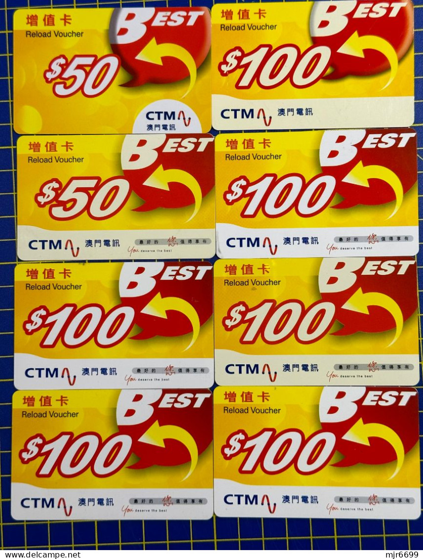 RELOAD VOUCHER CARDS LOT OF 8 CARD, USED, VERY FINE AND CLEAN. CLEARING STOCK. - Macau