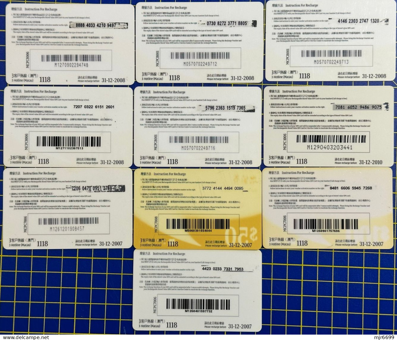 RECHARGE VOUCHER CARDS LOT OF 10 CARDS, USED, VERY FINE AND CLEAN. CLEARING STOCK. - Macau