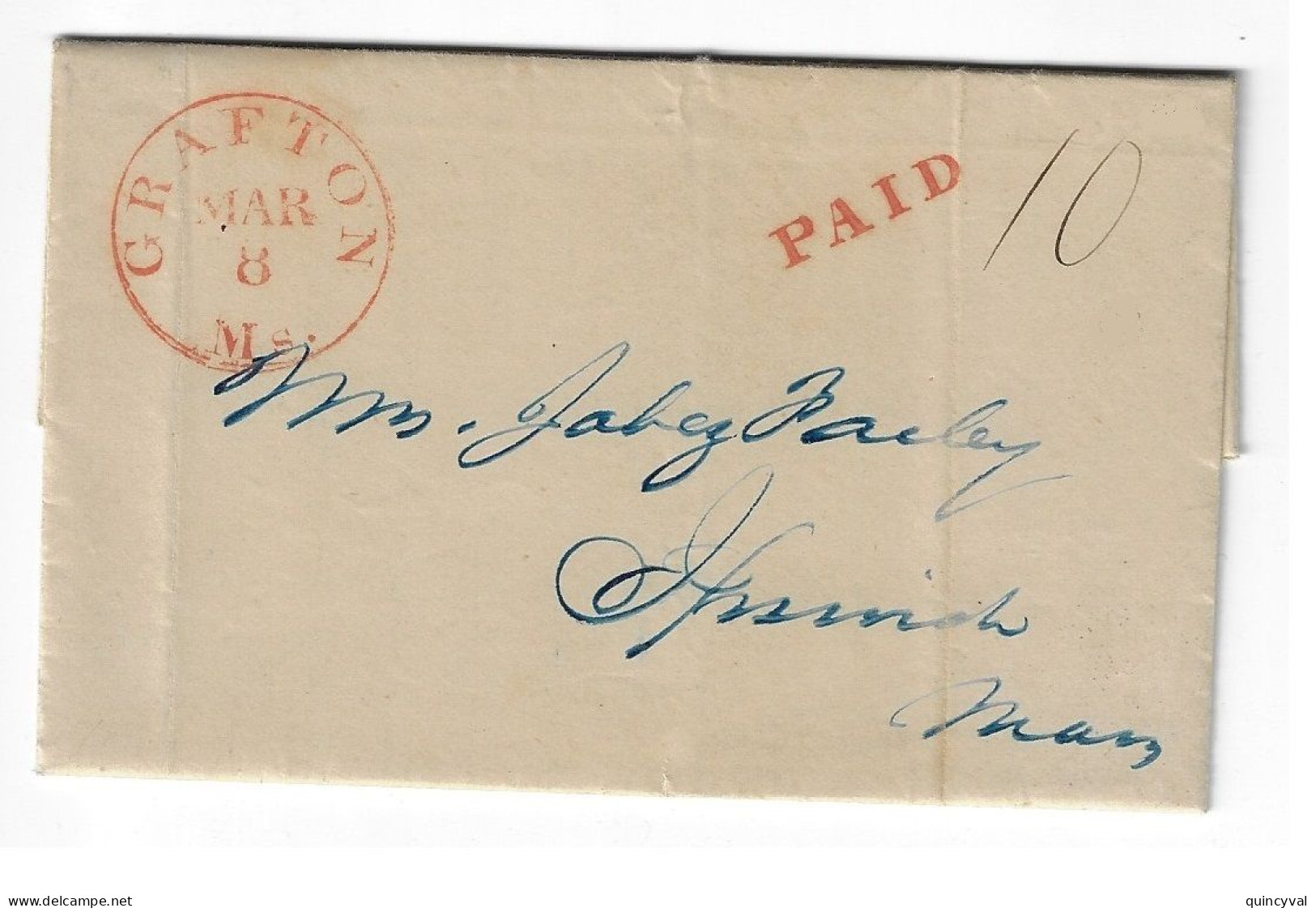 GRAFTON Massachusetts Lettre Cancel 1841 Mars 8  PAID 10 - …-1845 Voorfilatelie