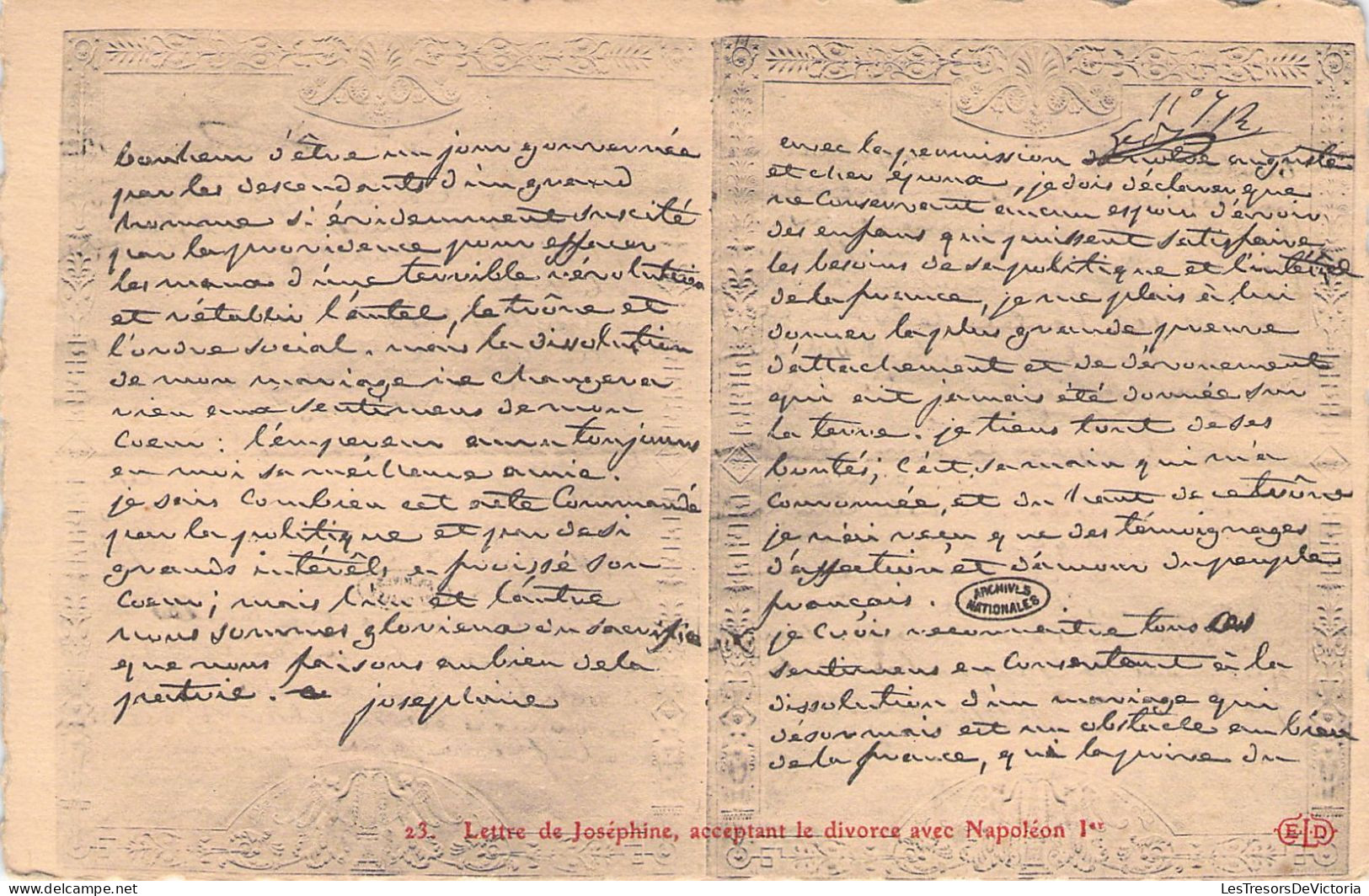 NAPOLEON - Lettre De Josephine Acceptant Le Divorce Avec Napoleon - Carte Postale Ancienne - Historische Persönlichkeiten