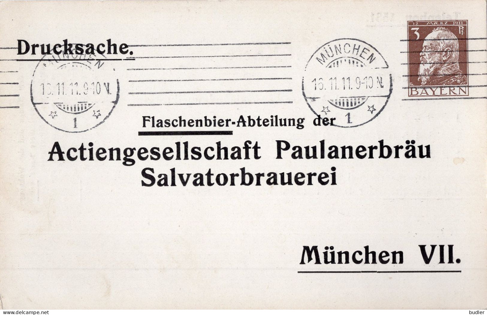 BAYERN:1911:#REPIQUÉE# = Postal Stationery On Request/Entier Postal Sur Demande:  PAULANERBRÄU,SALVATORBRAUEREI,MÜNCHEN - Bières