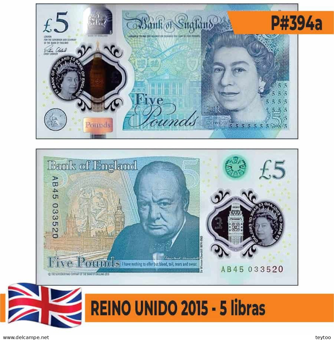 B0782# Reino Unido 2015. 5 Libras (UNC) P#394a - 5 Pounds