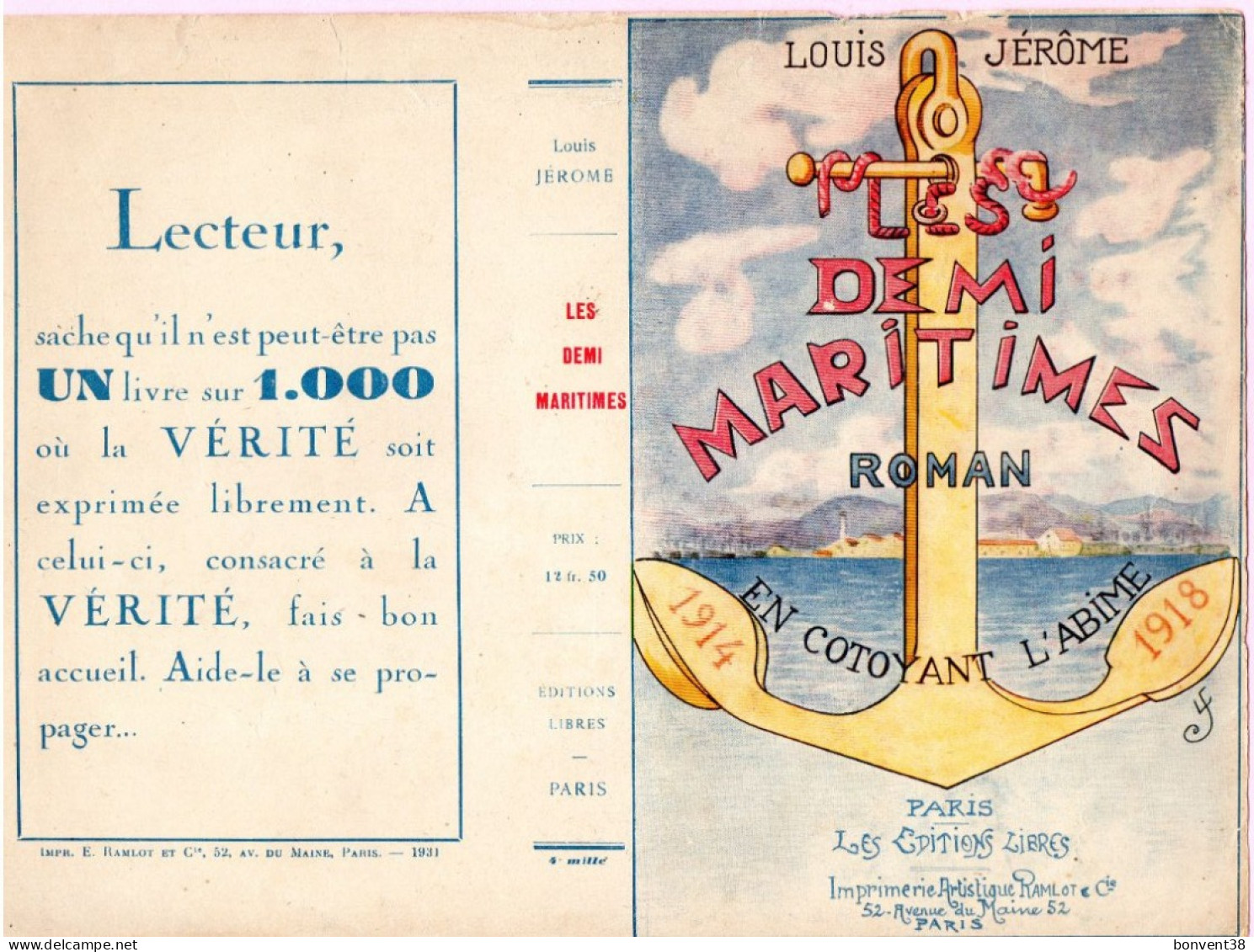 J0104 - Couverture De Livre - Les Demi Maritimes - Roman - Louis Jérôme - Éditions Libres - PARIS - Materiaal En Toebehoren