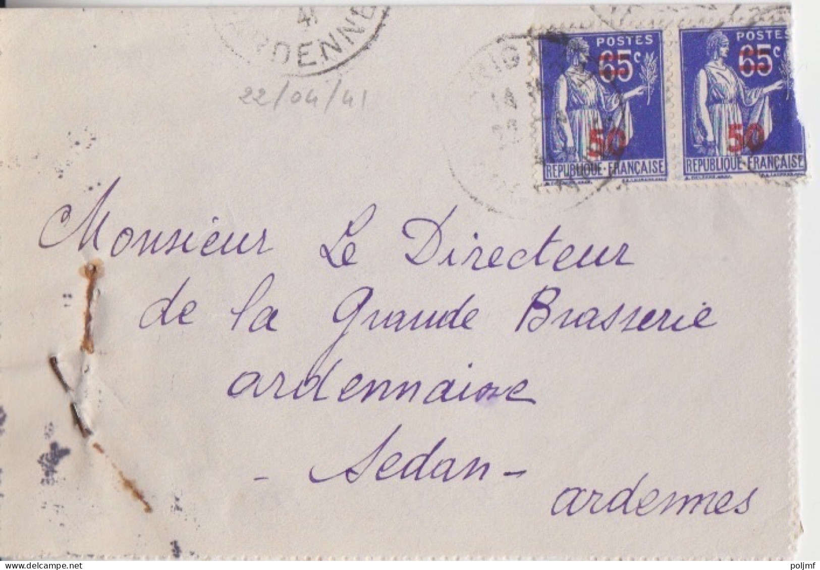 Lettre Obl. Carignan Le 22/4/41 (Tarif Du 1/12/39) Sur N° 479 50c / 65 Paix X 2 - 1932-39 Paix