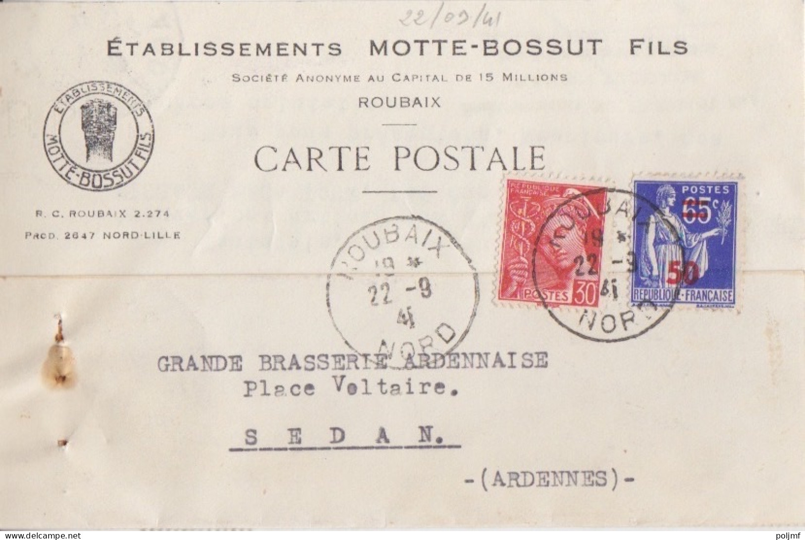 Carte-Lettre "Ets Motte-Bossut" Obl. Roubaix Le 22/9/41 (Tarif Du 1/12/39) Sur N° 479 50c / 65 Paix + 30c Mercure - 1932-39 Paix