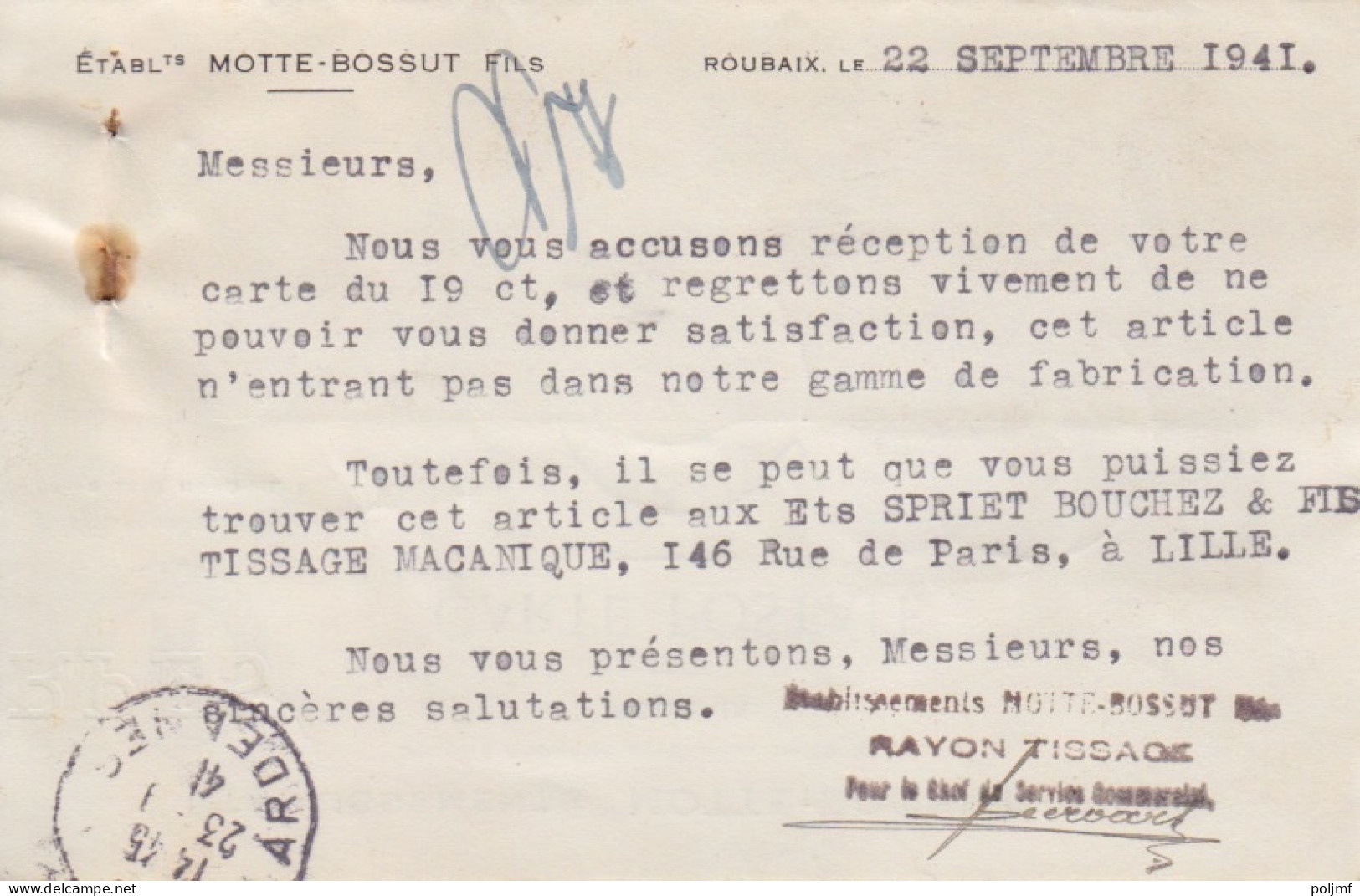 Carte-Lettre "Ets Motte-Bossut" Obl. Roubaix Le 22/9/41 (Tarif Du 1/12/39) Sur N° 479 50c / 65 Paix + 30c Mercure - 1932-39 Paix