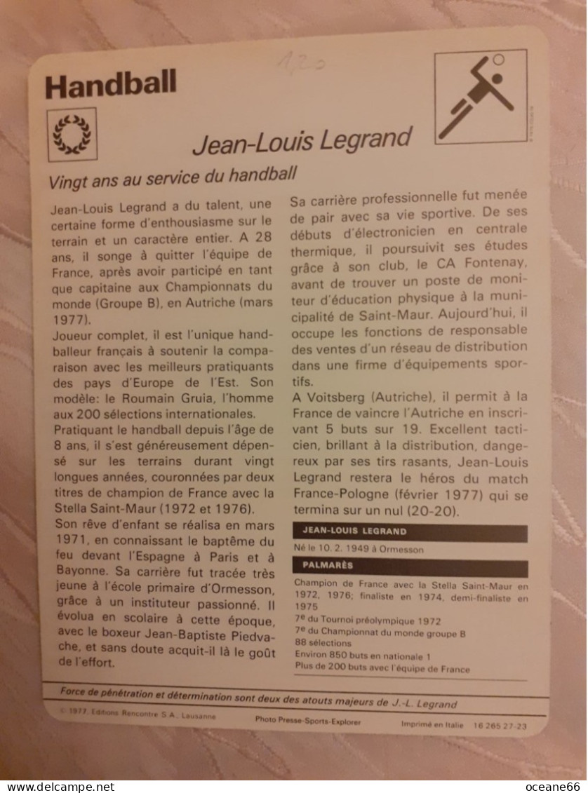 Fiche Rencontre Handball Jean Louis Legrand - Pallamano