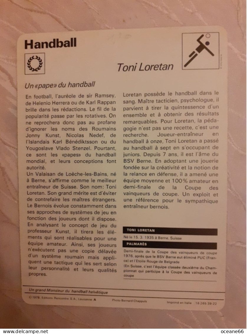 Fiche Rencontre Handball Toni Loretan - Handbal