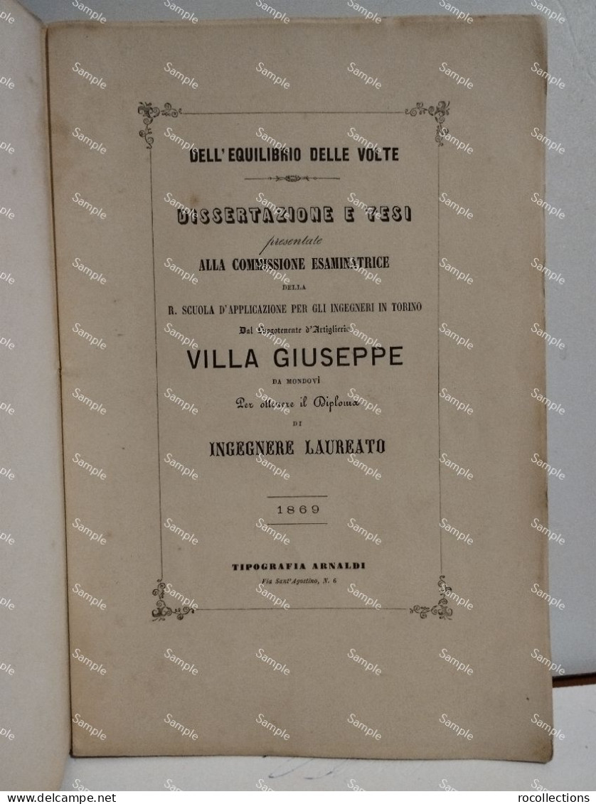 Italy Book Architettura TESI Alla Commissione SCUOLA APPLICAZIONE INGEGNERI TORINO  Villa Giuseppe Mondovì 1869 - Libri Antichi