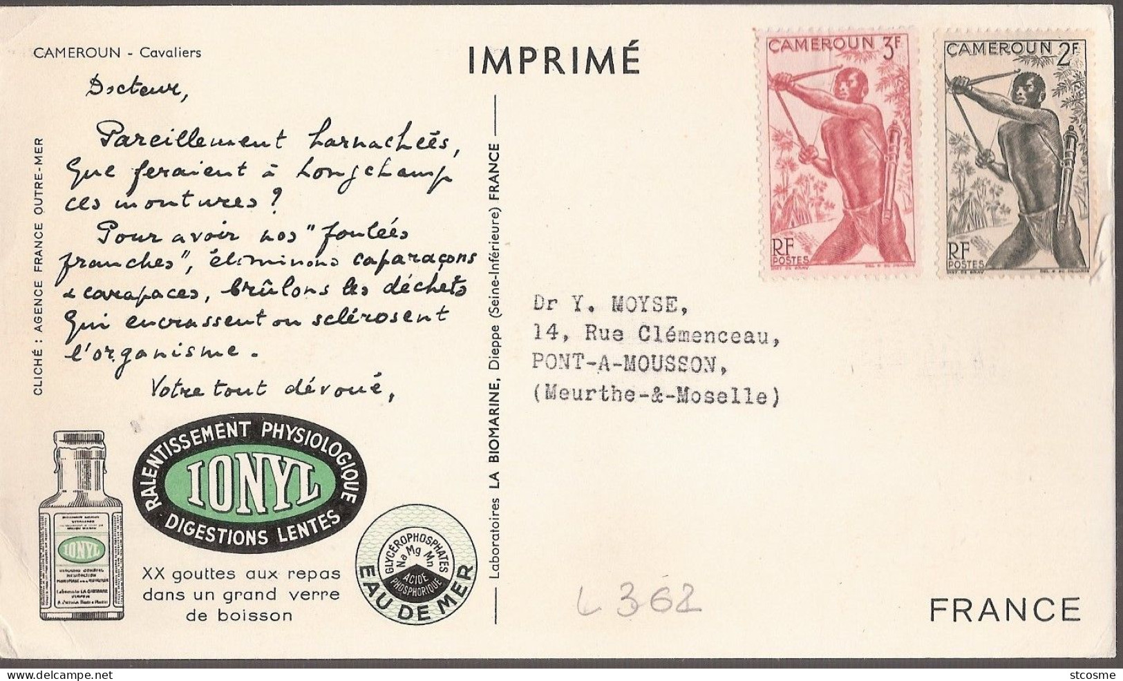 L362 Carte Plasmarine Onyl Du Cameroun - Lettres & Documents