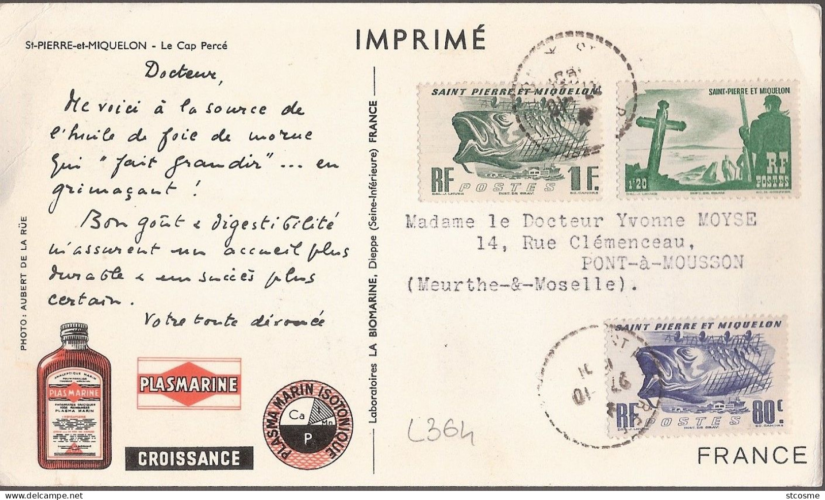 L364 Carte Plasmarine Onyl  De Saint Pierre Et Miquelon En 1951 - Cartas & Documentos