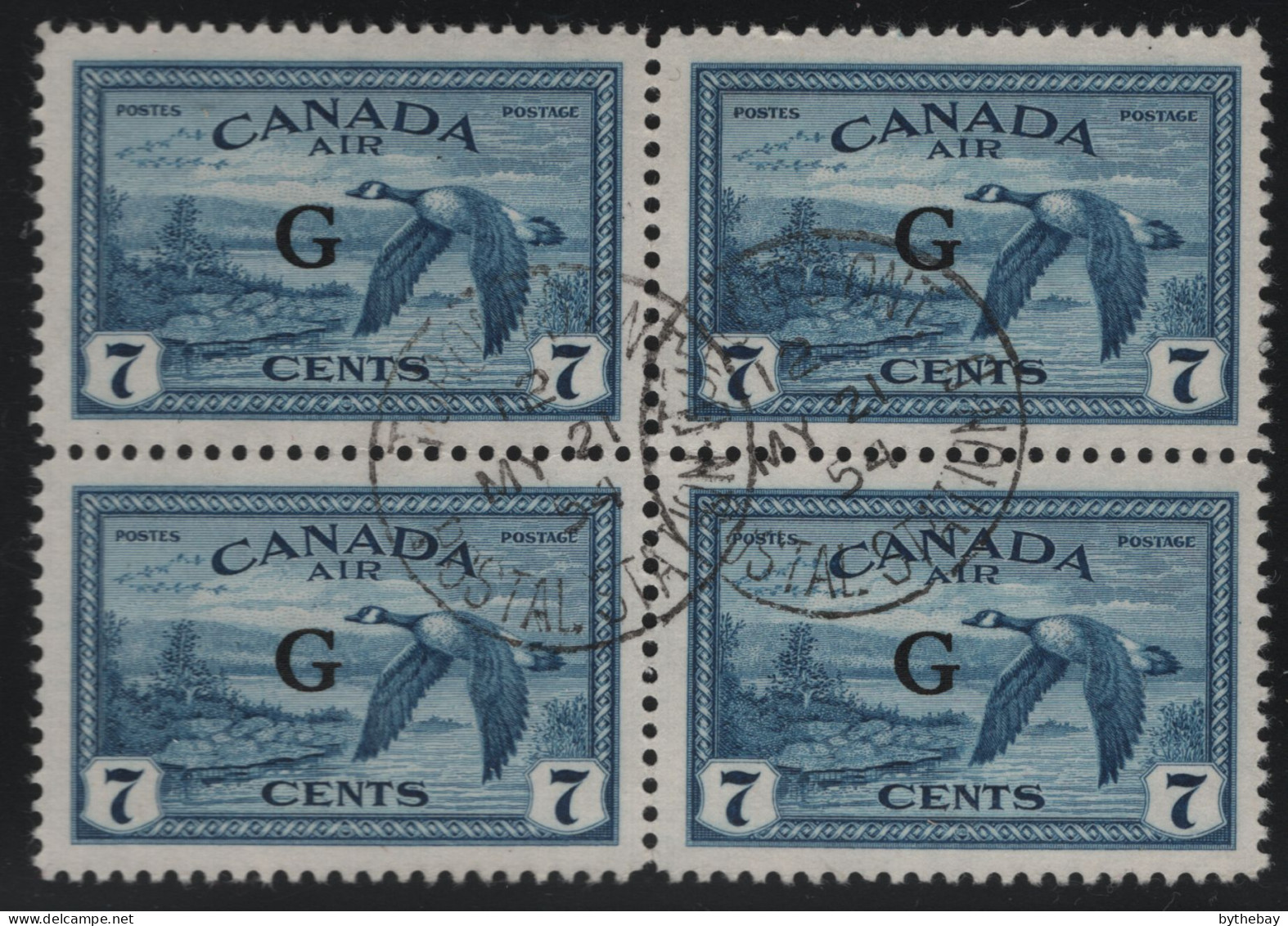 Canada 1950 Used Sc CO2 7c Canada Goose With G Overprint Block Of 4 CDS MY 21 54 - Surchargés