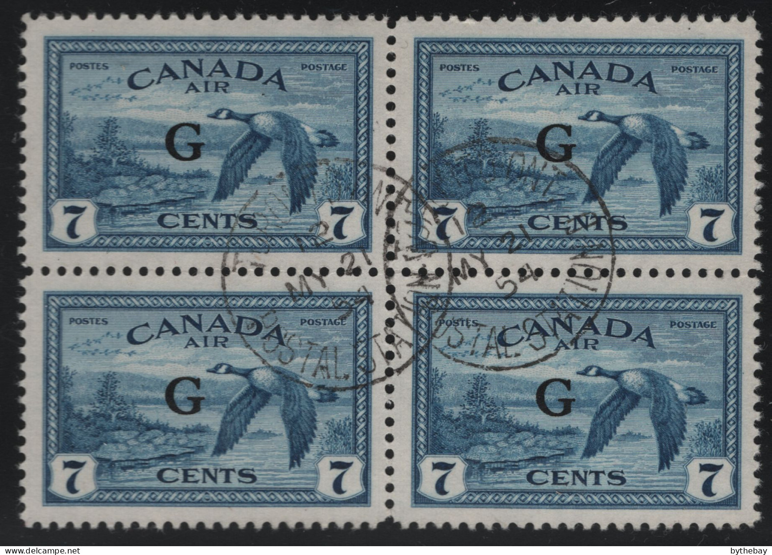 Canada 1950 Used Sc CO2 7c Canada Goose With G Overprint Block Of 4 CDS MY 21 54 - Aufdrucksausgaben