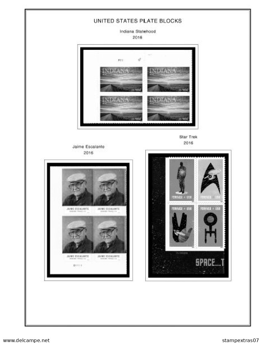 US 2016-2020 PLATE BLOCKS STAMP ALBUM PAGES (50 B&w Illustrated Pages) - Anglais