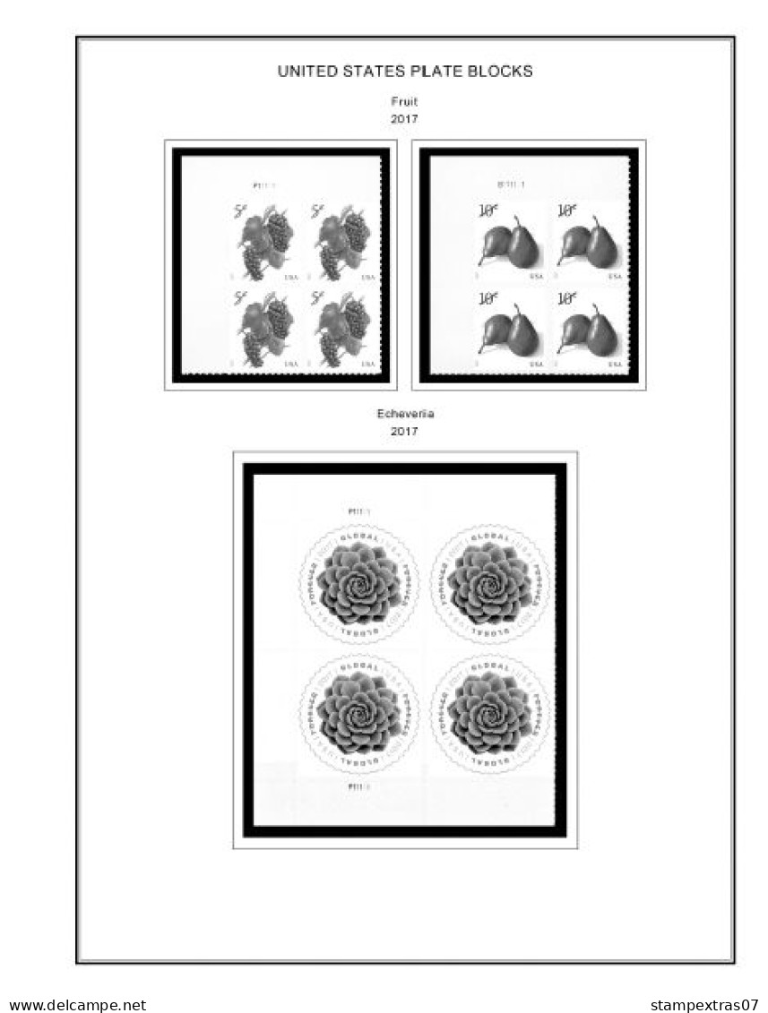 US 2016-2020 PLATE BLOCKS STAMP ALBUM PAGES (50 b&w illustrated pages)