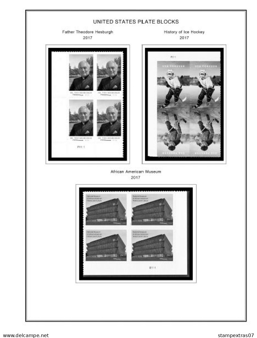 US 2016-2020 PLATE BLOCKS STAMP ALBUM PAGES (50 b&w illustrated pages)