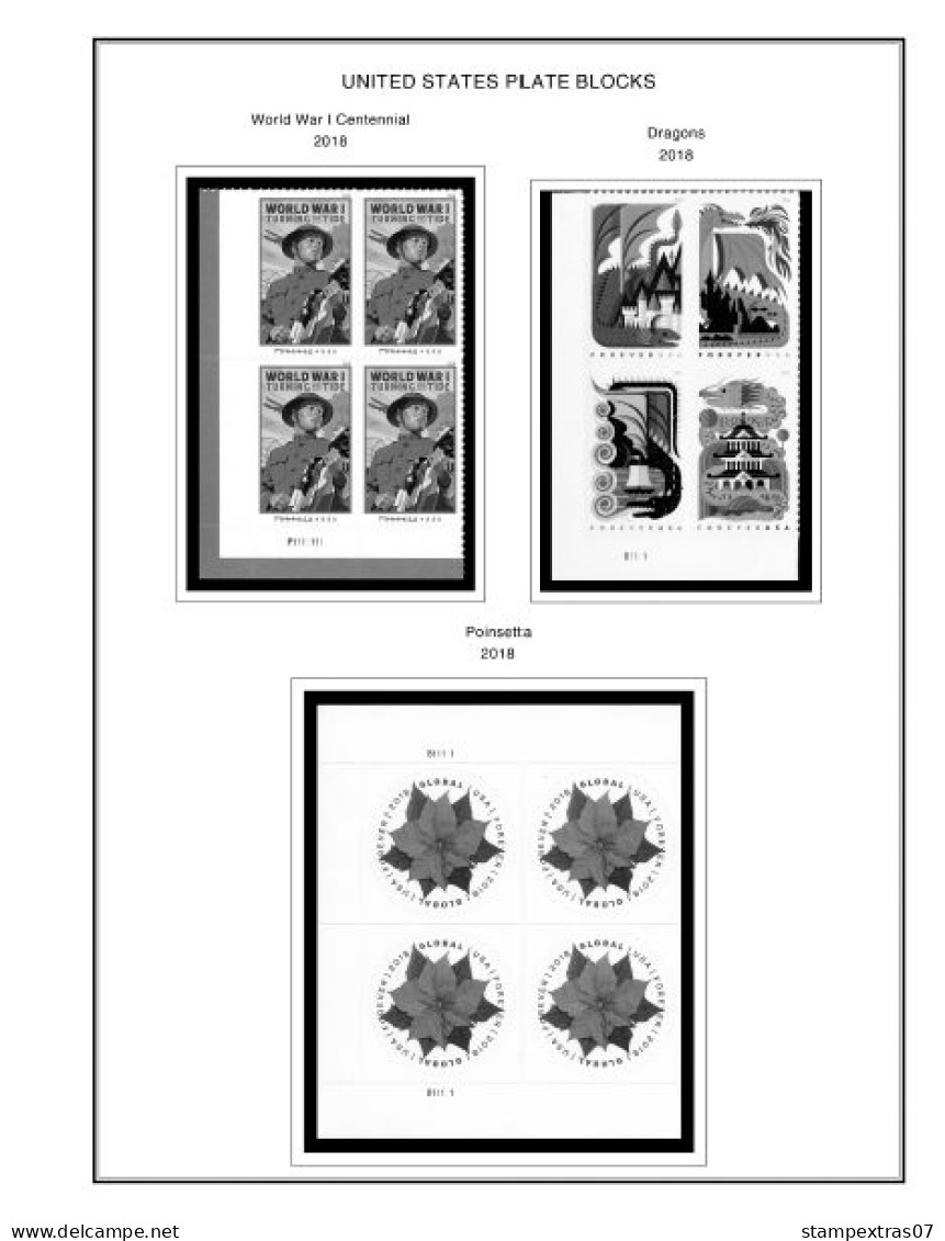 US 2016-2020 PLATE BLOCKS STAMP ALBUM PAGES (50 b&w illustrated pages)