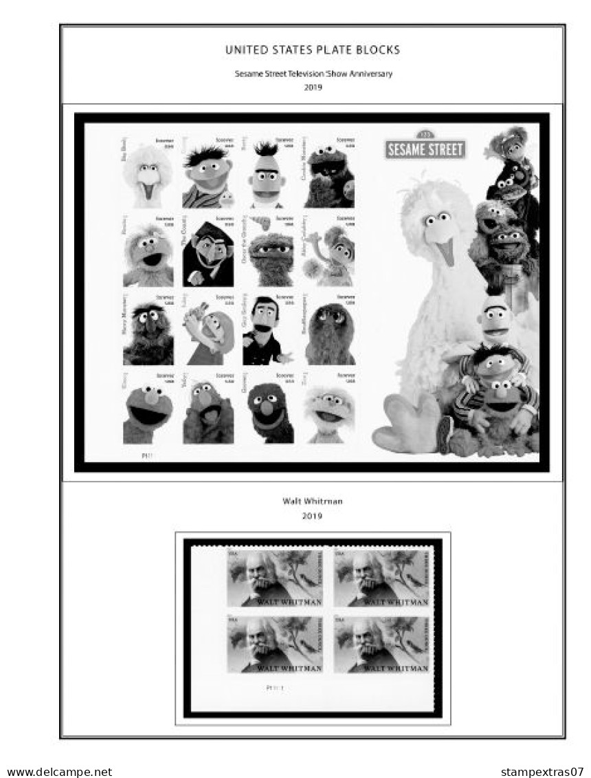 US 2016-2020 PLATE BLOCKS STAMP ALBUM PAGES (50 b&w illustrated pages)