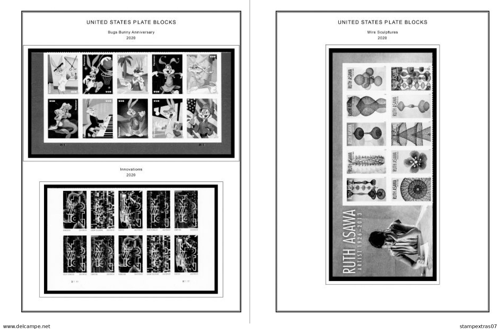 US 2016-2020 PLATE BLOCKS STAMP ALBUM PAGES (50 b&w illustrated pages)