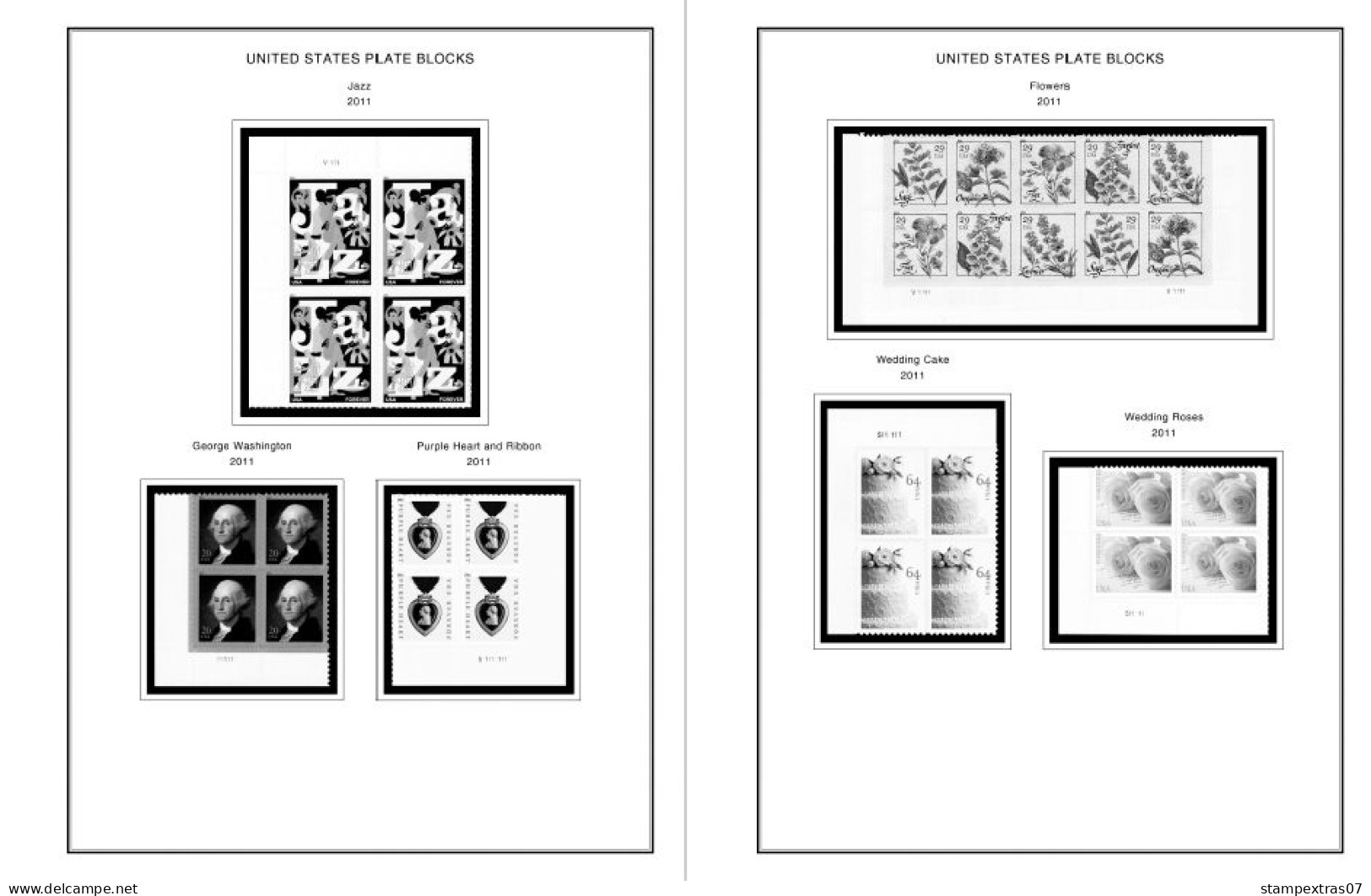 US 2011-2015 PLATE BLOCKS STAMP ALBUM PAGES (56 B&w Illustrated Pages) - Inglese