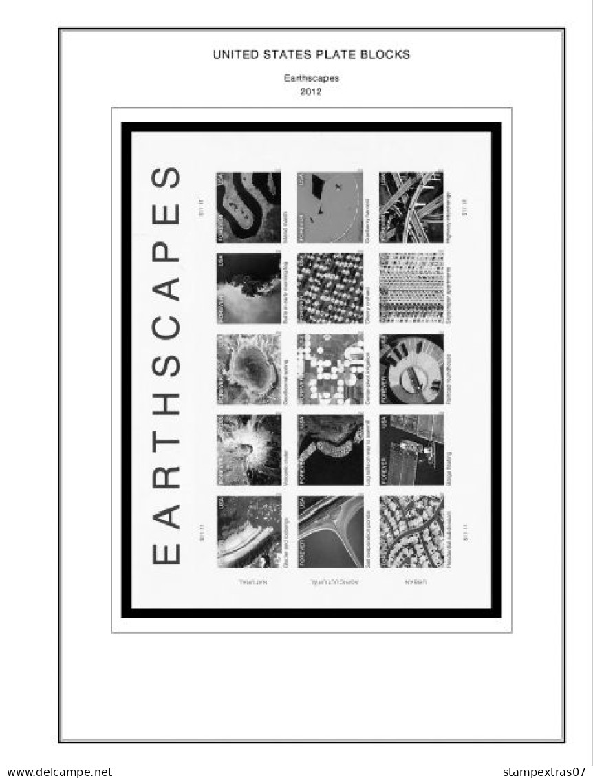 US 2011-2015 PLATE BLOCKS STAMP ALBUM PAGES (56 b&w illustrated pages)