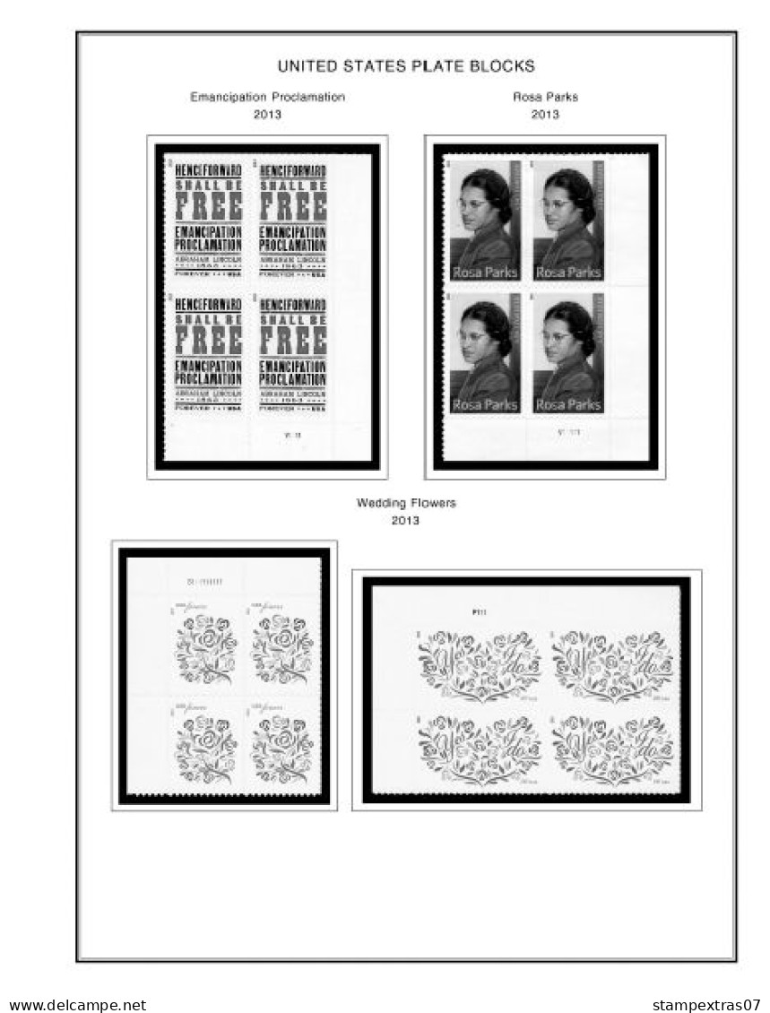 US 2011-2015 PLATE BLOCKS STAMP ALBUM PAGES (56 b&w illustrated pages)