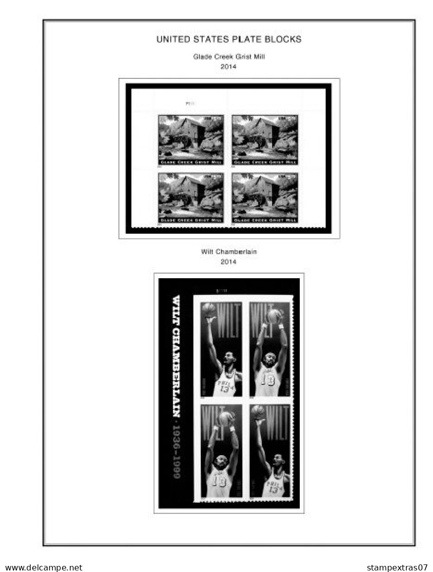 US 2011-2015 PLATE BLOCKS STAMP ALBUM PAGES (56 b&w illustrated pages)