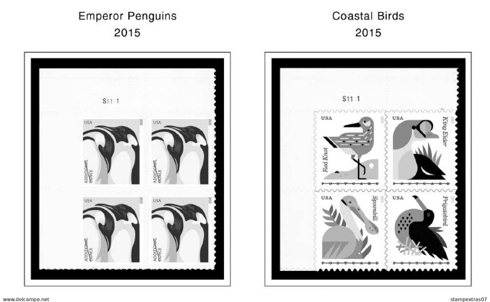 US 2011-2015 PLATE BLOCKS STAMP ALBUM PAGES (56 b&w illustrated pages)