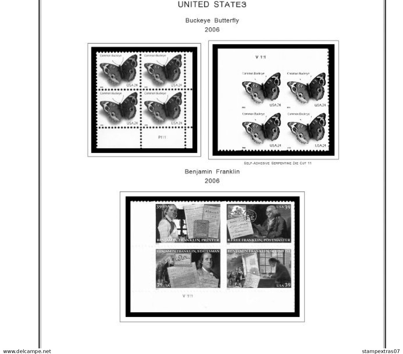 US 2006-2010 PLATE BLOCKS STAMP ALBUM PAGES (51 B&w Illustrated Pages) - English