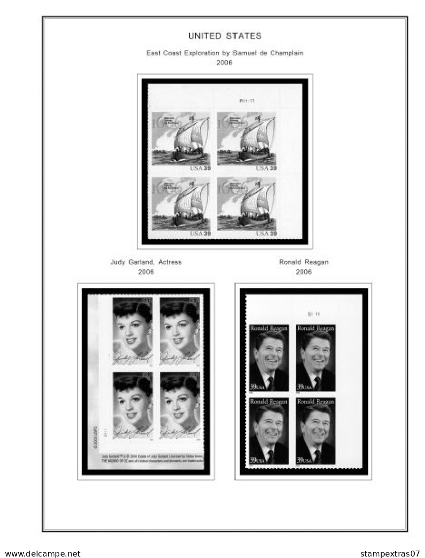 US 2006-2010 PLATE BLOCKS STAMP ALBUM PAGES (51 b&w illustrated pages)