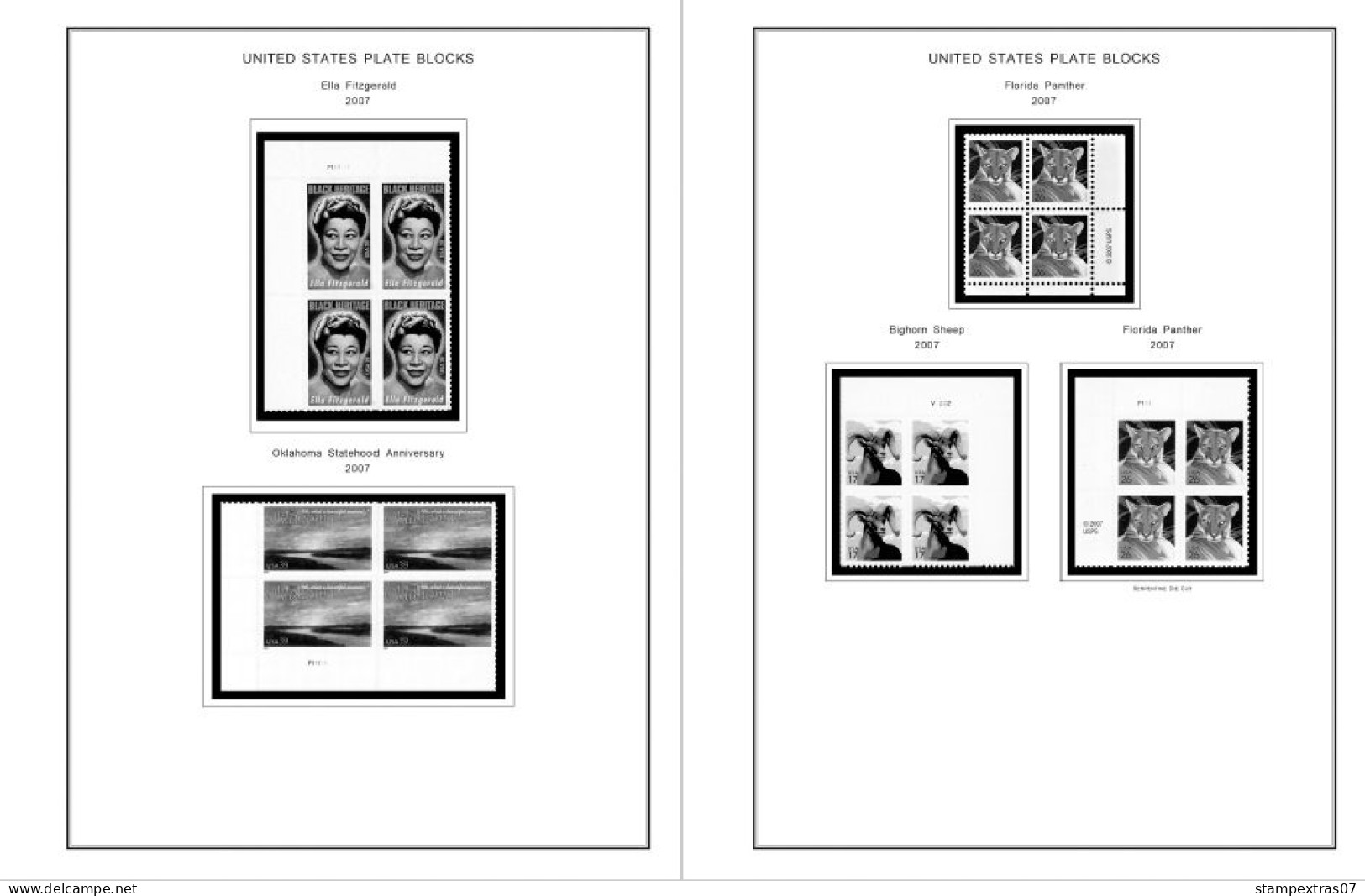 US 2006-2010 PLATE BLOCKS STAMP ALBUM PAGES (51 b&w illustrated pages)