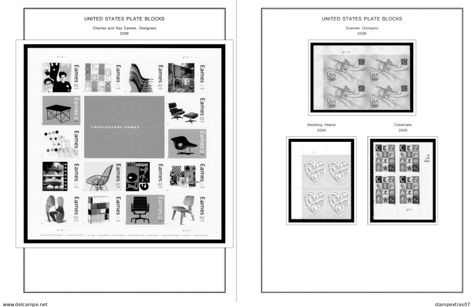 US 2006-2010 PLATE BLOCKS STAMP ALBUM PAGES (51 b&w illustrated pages)