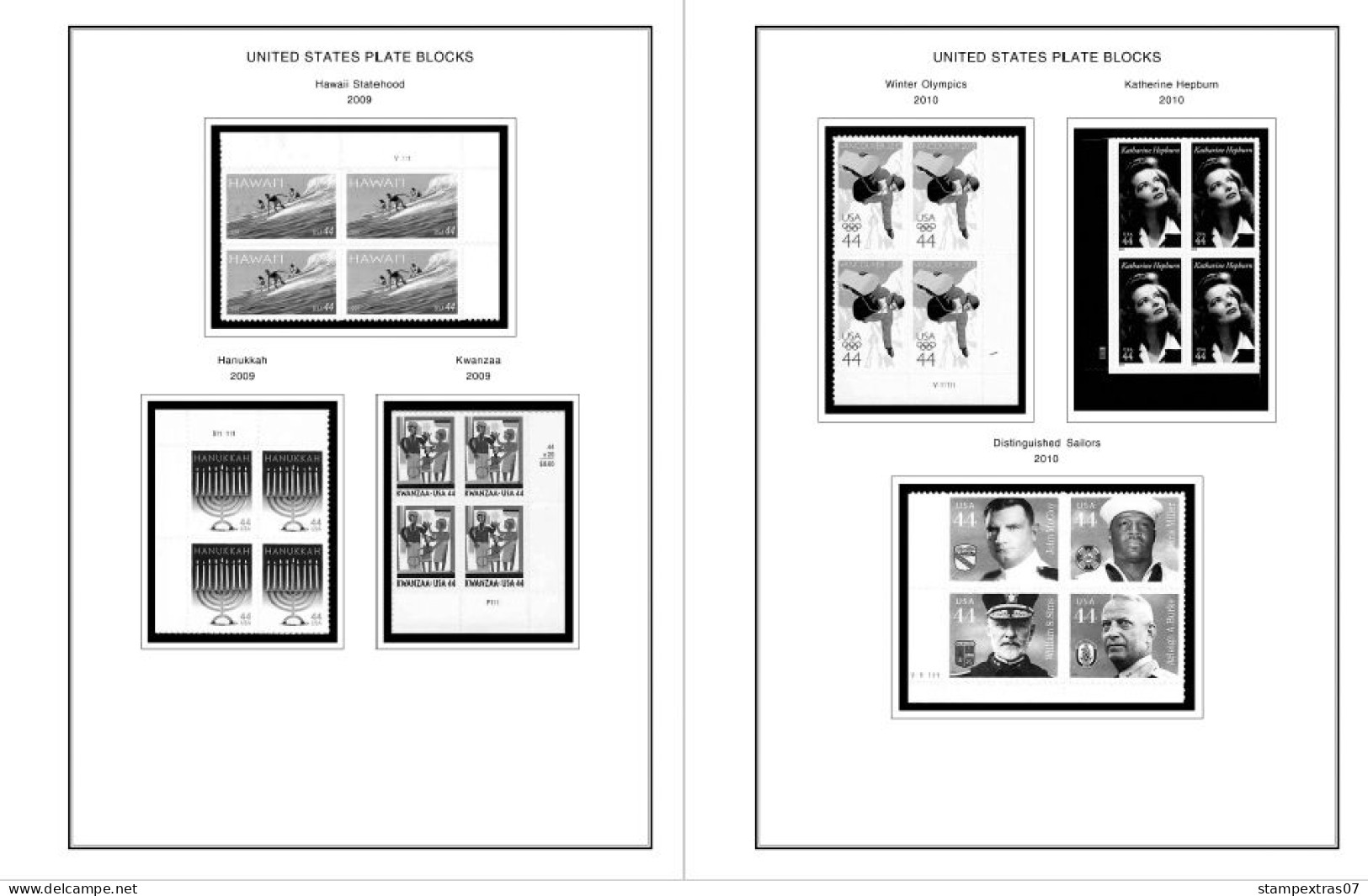 US 2006-2010 PLATE BLOCKS STAMP ALBUM PAGES (51 b&w illustrated pages)