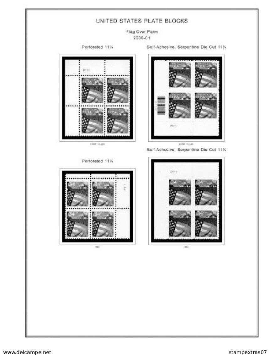 US 2000-2005 PLATE BLOCKS STAMP ALBUM PAGES (68 b&w illustrated pages)